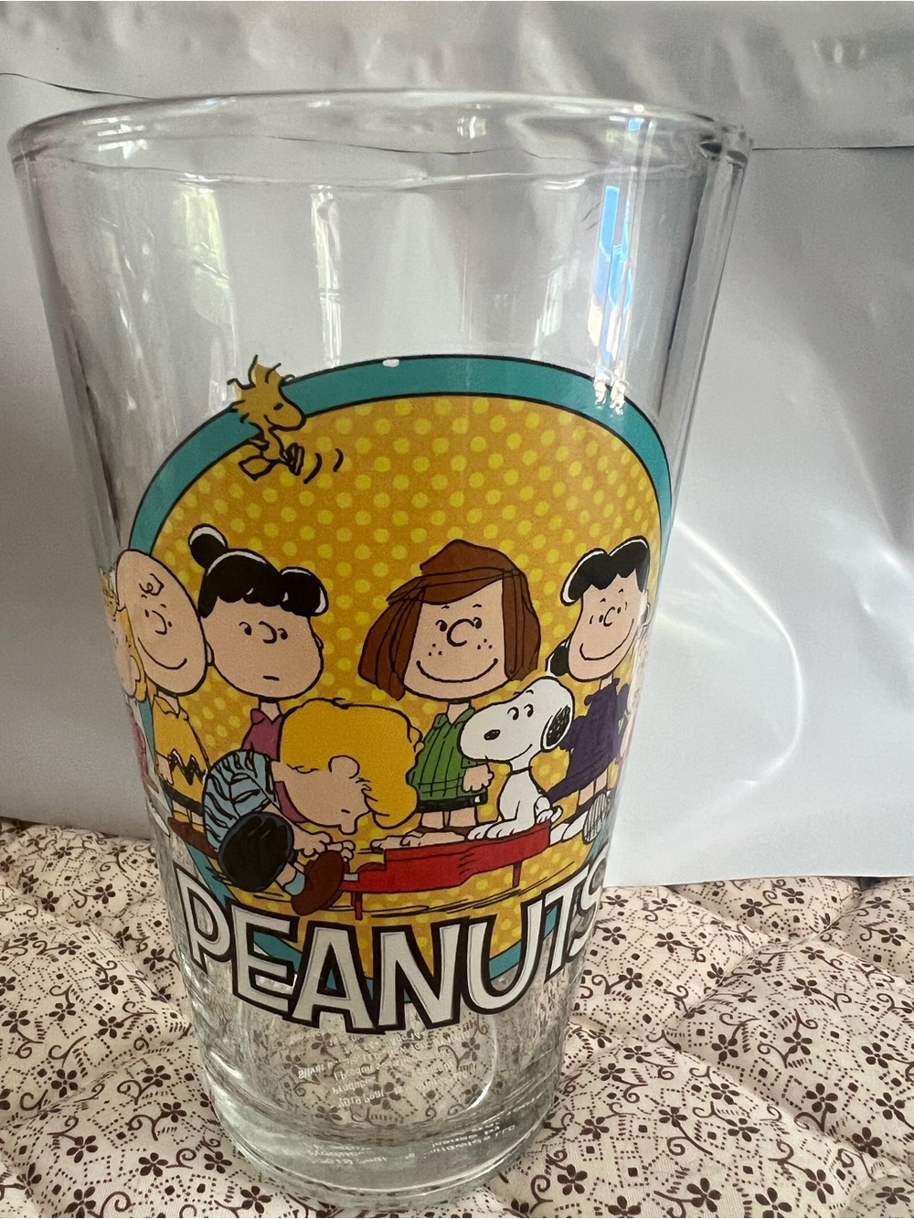 Peanuts Glass with Yellow Polka Panel and Teal Trim